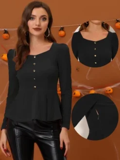 Allegra K Women's Square Neck Blouse Long Sleeve Knit Peplum Top