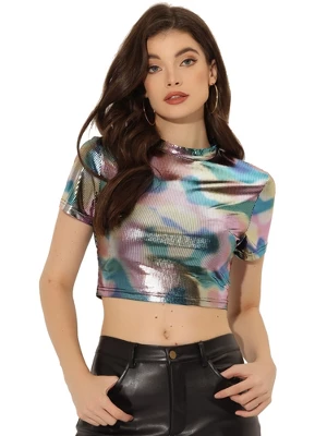 Allegra K Women's Party Short Sleeve Mock Neck Metallic Crop Top 11 Allegra K Women's Party Short Sleeve Mock Neck Metallic Crop Top - Image 9