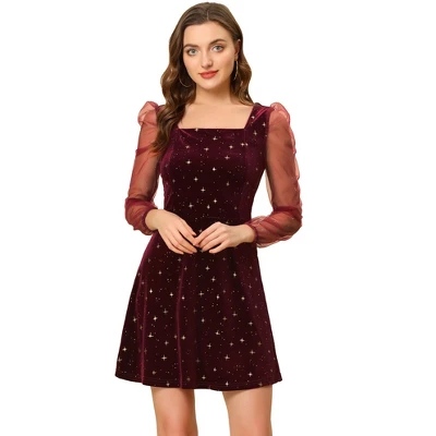 Allegra K Women's Mesh Sheer Puff Long Sleeve Square Neck Glitter Star Mini Velvet Dress 11 Allegra K Women's Mesh Sheer Puff Long Sleeve Square Neck Glitter Star Mini Velvet Dress - Image 9