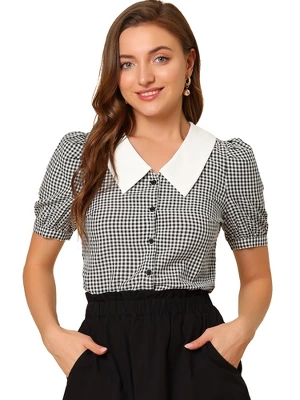 Allegra K Women's Plaid Puff Sleeve Blouse Contrast Collar Button Down Shirt Tops 8 Allegra K Women's Plaid Puff Sleeve Blouse Contrast Collar Button Down Shirt Tops - Image 6