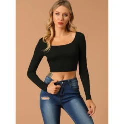 Allegra K Women's Slim Fit Criss Cross Tie Back Scoop Neck Long Sleeve Crop Top -Dresses City Shop GUEST 3ac48e24 a43a 4f92 8011 7700d34dc7c1