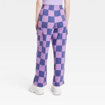 Women's Checkered Cargo Graphic Pants - Purple 3 Women's Checkered Cargo Graphic Pants - Purple