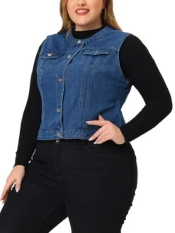 Agnes Orinda Plus Size Denim Vest For Women Button Down Collarless Jean Vest