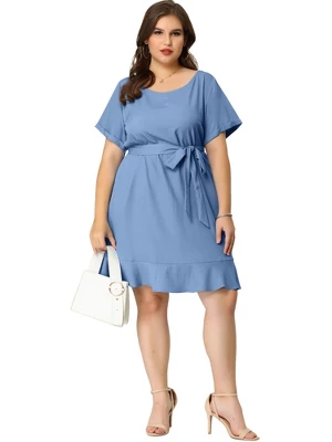 Agnes Orinda Women's Plus Size Belt Waist Ruffle Hem Chambray Shirt Dress 4 Agnes Orinda Women's Plus Size Belt Waist Ruffle Hem Chambray Shirt Dress - Image 2