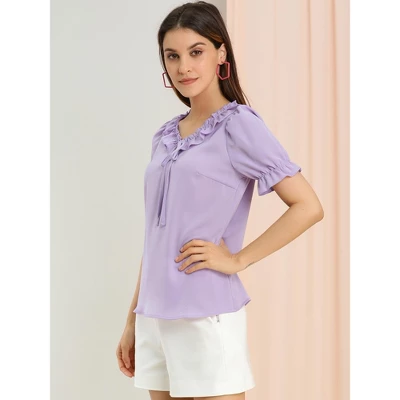 Allegra K Women's Tie V Neck Ruffle Neck Top Puff Sleeve Ruffle Cuff Casual Blouse 5 Allegra K Women's Tie V Neck Ruffle Neck Top Puff Sleeve Ruffle Cuff Casual Blouse - Image 3