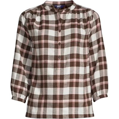 Lands' End Women's Flannel 3/4 Sleeve Smocked Shoulder Popover Shirt 3 Lands' End Women's Flannel 3/4 Sleeve Smocked Shoulder Popover Shirt