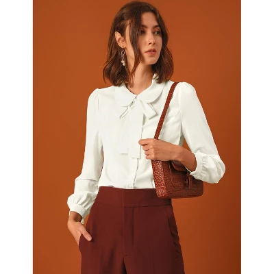 Allegra K Women's Peter Pan Collar Chiffon Bow Tie Neck Puff Sleeve Button Up Shirt 3 Allegra K Women's Peter Pan Collar Chiffon Bow Tie Neck Puff Sleeve Button Up Shirt