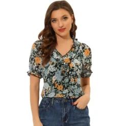 Allegra K Women's Ruffle V Neck Puff Short Sleeve Floral Blouse 16 Allegra K Women's Ruffle V Neck Puff Short Sleeve Floral Blouse -Dresses City Shop GUEST 46424ceb e902 4a51 83ed 9b2cf2a8f295