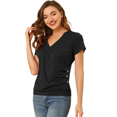Allegra K Women's Wrap V Neck Short Sleeve Button Decor Ruched Blouses 9 Allegra K Women's Wrap V Neck Short Sleeve Button Decor Ruched Blouses - Image 7
