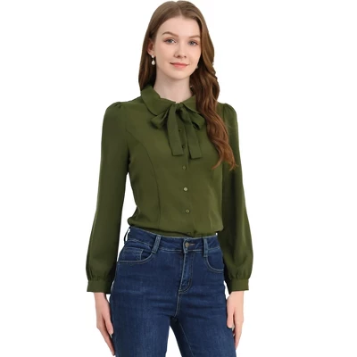 Allegra K Women's Peter Pan Collar Chiffon Bow Tie Neck Puff Sleeve Button Up Shirt 11 Allegra K Women's Peter Pan Collar Chiffon Bow Tie Neck Puff Sleeve Button Up Shirt - Image 9