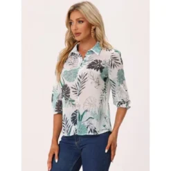 Allegra K Women's Point Collared 3/4 Sleeves Sheer Lightweight Leaves Floral Print Shirt 10 Allegra K Women's Point Collared 3/4 Sleeves Sheer Lightweight Leaves Floral Print Shirt -Dresses City Shop GUEST 49920419 499f 418a a900 676f84abb175