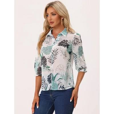 Allegra K Women's Point Collared 3/4 Sleeves Sheer Lightweight Leaves Floral Print Shirt 5 Allegra K Women's Point Collared 3/4 Sleeves Sheer Lightweight Leaves Floral Print Shirt - Image 3