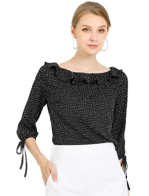 Allegra K Women's Vintage 3/4 Sleeve Boat Neck Ruffled Heart Dots Print Blouse 8 Allegra K Women's Vintage 3/4 Sleeve Boat Neck Ruffled Heart Dots Print Blouse - Image 6