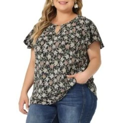 Agnes Orinda Women's Plus Size Keyhole Floral Chiffon Flared Sleeve Summer Trendy Peasant Tops -Dresses City Shop GUEST 4e9c4f60 3b8b 4fb3 8176 48ec0e974721