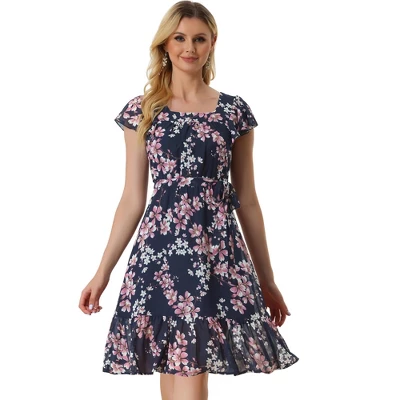 Allegra K Women's Floral Chiffon Flutter Sleeve Belted Square Neck Ruffled Hem Dress 19 Allegra K Women's Floral Chiffon Flutter Sleeve Belted Square Neck Ruffled Hem Dress - Image 17