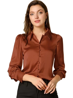 Allegra K Women's Satin Puff Sleeve Point Collar Vintage Button Up Shirt 13 Allegra K Women's Satin Puff Sleeve Point Collar Vintage Button Up Shirt - Image 11
