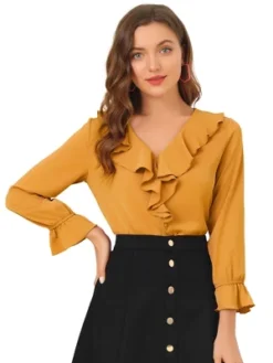 Allegra K Women's Office Work Ruffle V Long Sleeve Neck Chiffon Peasant Blouse -Dresses City Shop GUEST 500ed5f5 77ec 4815 9e8c aea87b60c6aa