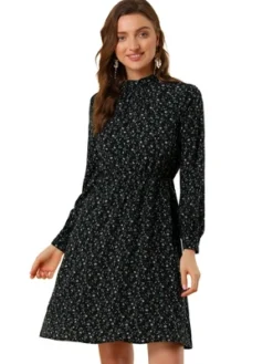 Allegra K Women's Mock Neck Swing Knee Length Long Sleeve A-line Floral Dress -Dresses City Shop GUEST 5018f763 469e 4ee7 ae07 70600de53754