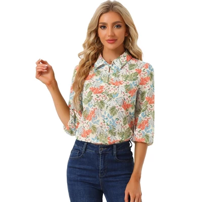 Allegra K Women's Point Collared 3/4 Sleeves Sheer Lightweight Leaves Floral Print Shirt 8 Allegra K Women's Point Collared 3/4 Sleeves Sheer Lightweight Leaves Floral Print Shirt - Image 6