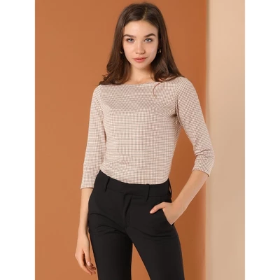 Allegra K Women's Work Office 3/4 Sleeve Boat Neck Houndstooth Printed Top Blouse 4 Allegra K Women's Work Office 3/4 Sleeve Boat Neck Houndstooth Printed Top Blouse - Image 2