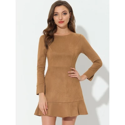 Allegra K Women's Faux Suede Crew Neck Long Sleeve Ruffled Hem Mini Dress 4 Allegra K Women's Faux Suede Crew Neck Long Sleeve Ruffled Hem Mini Dress - Image 2