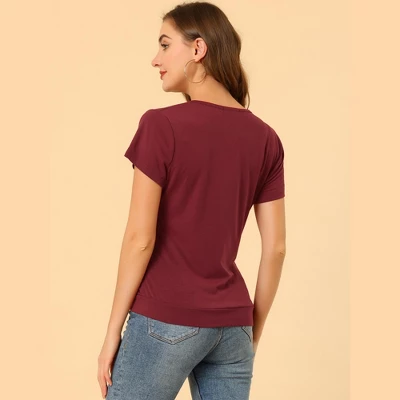 Allegra K Women's Wrap V Neck Short Sleeve Button Decor Ruched Blouses 6 Allegra K Women's Wrap V Neck Short Sleeve Button Decor Ruched Blouses - Image 4