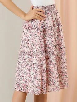 Allegra K Women's Floral Print Smocked Elastic Waist Knee Length Flowy Tiered Ruffle Skirt