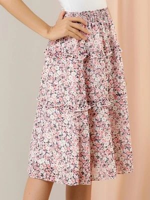 Allegra K Women's Floral Print Smocked Elastic Waist Knee Length Flowy Tiered Ruffle Skirt 3 Allegra K Women's Floral Print Smocked Elastic Waist Knee Length Flowy Tiered Ruffle Skirt