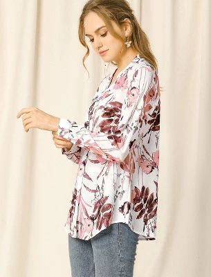 Allegra K Women's Floral Loose Tops V Neck Long Sleeve Button-Up Blouse 5 Allegra K Women's Floral Loose Tops V Neck Long Sleeve Button-Up Blouse - Image 3