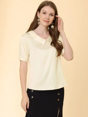 Allegra K Women's Turndown Collar Button Decor Short Sleeve Satin Blouse 5 Allegra K Women's Turndown Collar Button Decor Short Sleeve Satin Blouse - Image 3