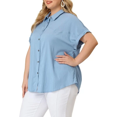Agnes Orinda Women's Plus Size Chambray Work Roll Sleeves Buttons Down Shirts 8 Agnes Orinda Women's Plus Size Chambray Work Roll Sleeves Buttons Down Shirts - Image 6