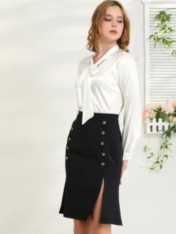 Allegra K Women's Irregular Dotted Printed Work Long Sleeve Front Tie V Neck Blouse