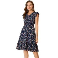 Allegra K Women's Floral Flutter Sleeves V Neck Smocked Ruffle Dress -Dresses City Shop GUEST 5d09e9e6 6f4a 4831 8716 d41902d8f8dc