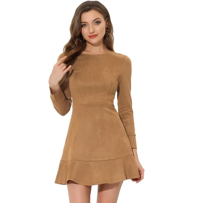 Allegra K Women's Faux Suede Crew Neck Long Sleeve Ruffled Hem Mini Dress 8 Allegra K Women's Faux Suede Crew Neck Long Sleeve Ruffled Hem Mini Dress - Image 6