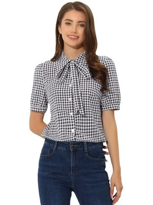 Allegra K Women's Plaid Blouse Bow Tie Neck Puff Short Sleeve Gingham Shirt 8 Allegra K Women's Plaid Blouse Bow Tie Neck Puff Short Sleeve Gingham Shirt - Image 6