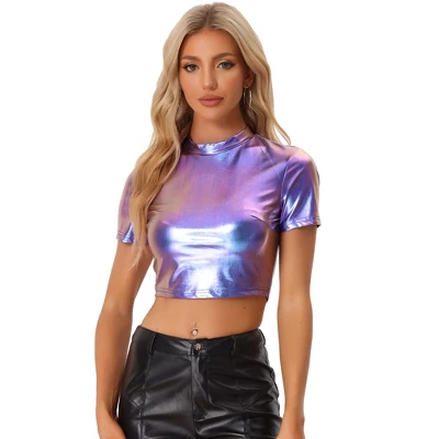 Allegra K Women's Party Short Sleeve Mock Neck Metallic Crop Top 17 Allegra K Women's Party Short Sleeve Mock Neck Metallic Crop Top - Image 15