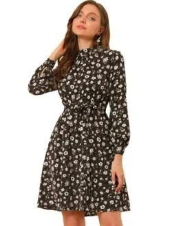 Allegra K Women's Mock Neck Swing Knee Length Long Sleeve A-line Floral Dress -Dresses City Shop GUEST 6193c270 2c2e 4111 b0ae 7f591b25e31d