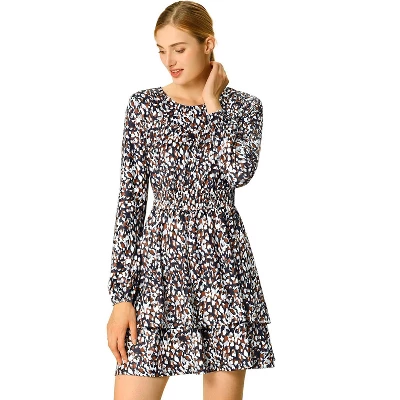 Allegra K Women's Leopard Print Crew Neck Smock Waist Long Sleeve Ruffle Mini Dress 10 Allegra K Women's Leopard Print Crew Neck Smock Waist Long Sleeve Ruffle Mini Dress - Image 8