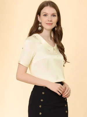 Allegra K Women's Turndown Collar Button Decor Short Sleeve Satin Blouse 3 Allegra K Women's Turndown Collar Button Decor Short Sleeve Satin Blouse
