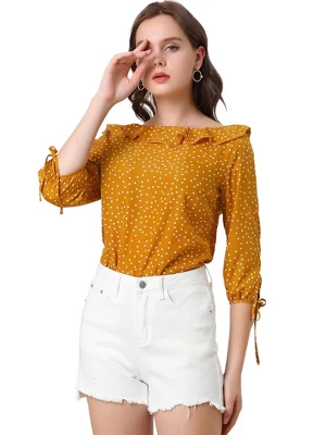 Allegra K Women's Vintage 3/4 Sleeve Boat Neck Ruffled Heart Dots Print Blouse 15 Allegra K Women's Vintage 3/4 Sleeve Boat Neck Ruffled Heart Dots Print Blouse - Image 13