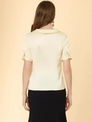 Allegra K Women's Turndown Collar Button Decor Short Sleeve Satin Blouse 6 Allegra K Women's Turndown Collar Button Decor Short Sleeve Satin Blouse - Image 4