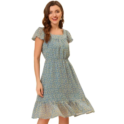 Allegra K Women's Floral Chiffon Flutter Sleeve Belted Square Neck Ruffled Hem Dress 17 Allegra K Women's Floral Chiffon Flutter Sleeve Belted Square Neck Ruffled Hem Dress - Image 15