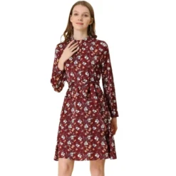 Allegra K Women's Mock Neck Swing Knee Length Long Sleeve A-line Floral Dress -Dresses City Shop GUEST 673262f1 f476 4451 b6a8 7df08306b566