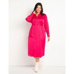 ELOQUII Women’s Plus Size Satin Button Down Maxi Shirtdress