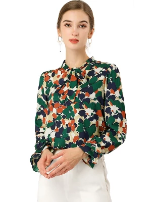 Allegra K Women's Floral Tie V Neck Blouse Chiffon Ruffle Trumpet Sleeve Shirt 8 Allegra K Women's Floral Tie V Neck Blouse Chiffon Ruffle Trumpet Sleeve Shirt - Image 6