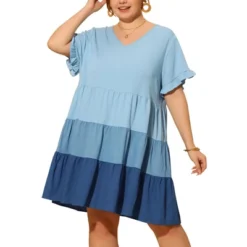 Agnes Orinda Women's Plus Size Babydoll Ruffle Flowy Swing Chambray Outfits Fashion Midi Dress