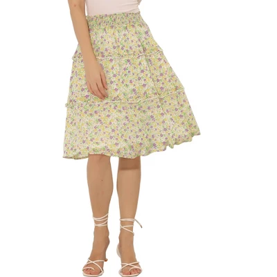 Allegra K Women's Floral Print Smocked Elastic Waist Knee Length Flowy Tiered Ruffle Skirt 18 Allegra K Women's Floral Print Smocked Elastic Waist Knee Length Flowy Tiered Ruffle Skirt - Image 16
