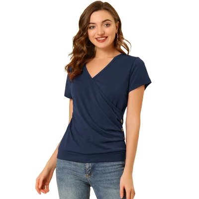 Allegra K Women's Wrap V Neck Short Sleeve Button Decor Ruched Blouses 11 Allegra K Women's Wrap V Neck Short Sleeve Button Decor Ruched Blouses - Image 9
