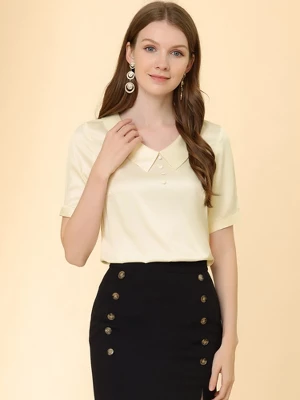 Allegra K Women's Turndown Collar Button Decor Short Sleeve Satin Blouse 4 Allegra K Women's Turndown Collar Button Decor Short Sleeve Satin Blouse - Image 2