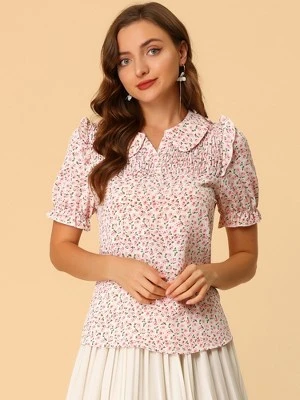 Allegra K Women's Peter Pan Collar Smocked Puff Short Sleeve Ruffle Floral Blouse 6 Allegra K Women's Peter Pan Collar Smocked Puff Short Sleeve Ruffle Floral Blouse - Image 4